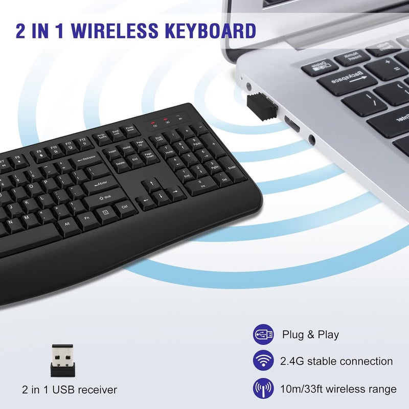 QUASIO Wireless Keyboard, 2.4G Full-Sized Ergonomic Wireless Computer Keyboard with Wrist Rest for Windows, Mac OS Laptop/PC/Desktop/Notebook(Black) - Image 2